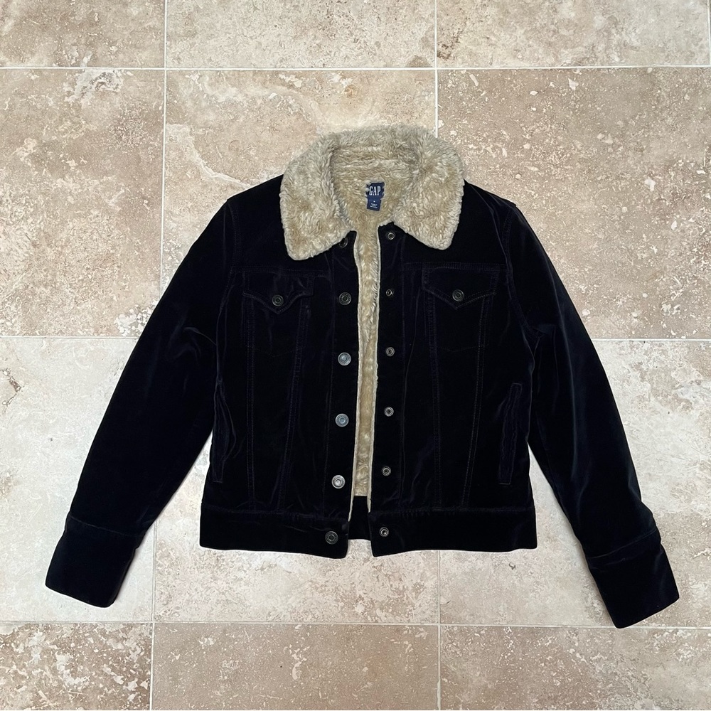 Gap Trucker Jacket Womens S Black Velvet Sherpa Lined Snap Coat Y2K